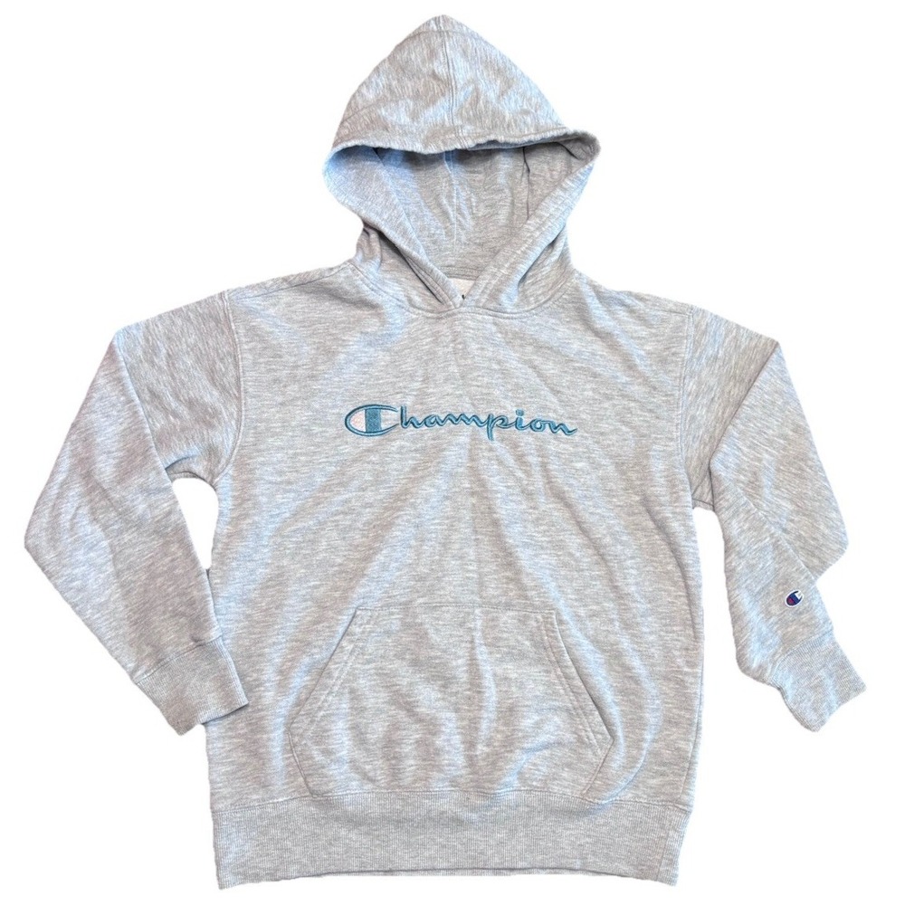 Champion Youth Hoodie Size L Gray Pullover Embroidered Script Logo Sweatshirt